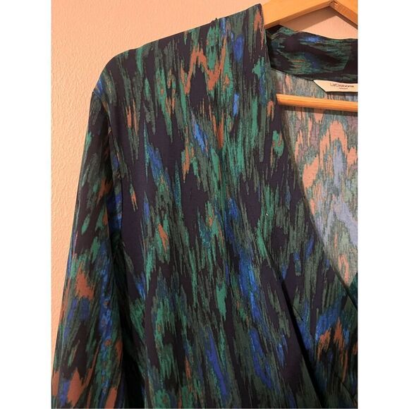 Liz Claiborne Size 2X Long Sleeve Faux Wrap Sheath Dress Blue Peacock Ikat Print - Picture 10 of 15